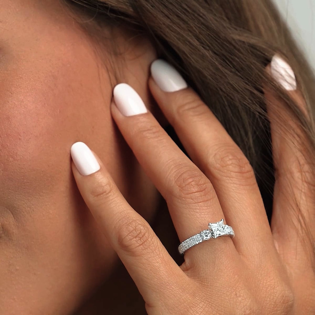 Three Stone Pavé Engagement Ring in White Gold with Princess Cut Center Stone