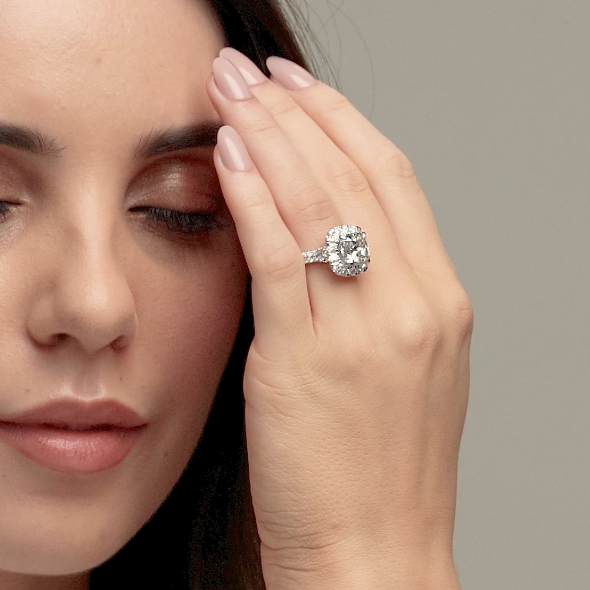Three Stone Pavé Engagement Ring in White Gold with Princess Cut Center Stone