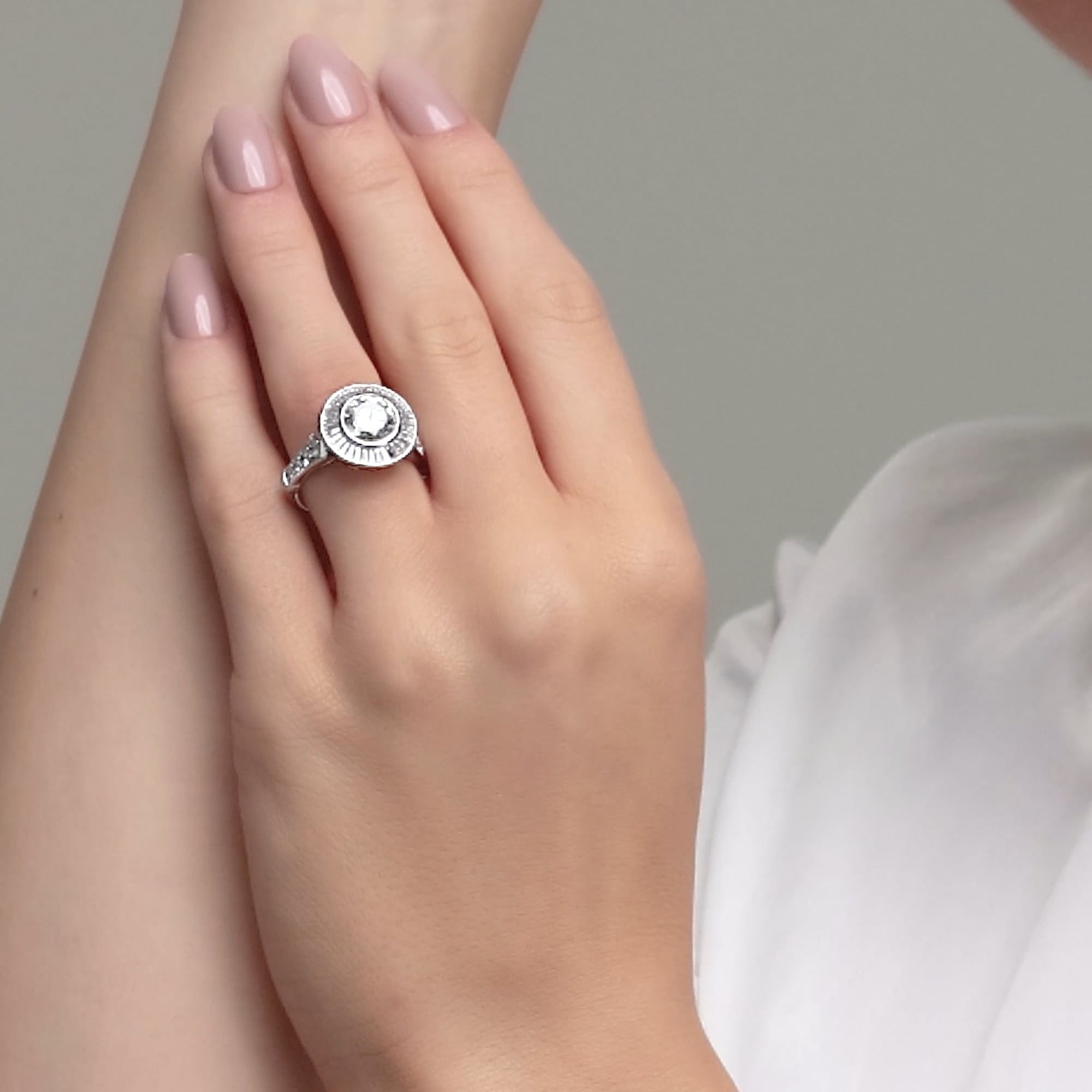 Round Cut Lab Grown Diamond Engagement Ring, Art Deco Bezel Set Baguette Halo Ring