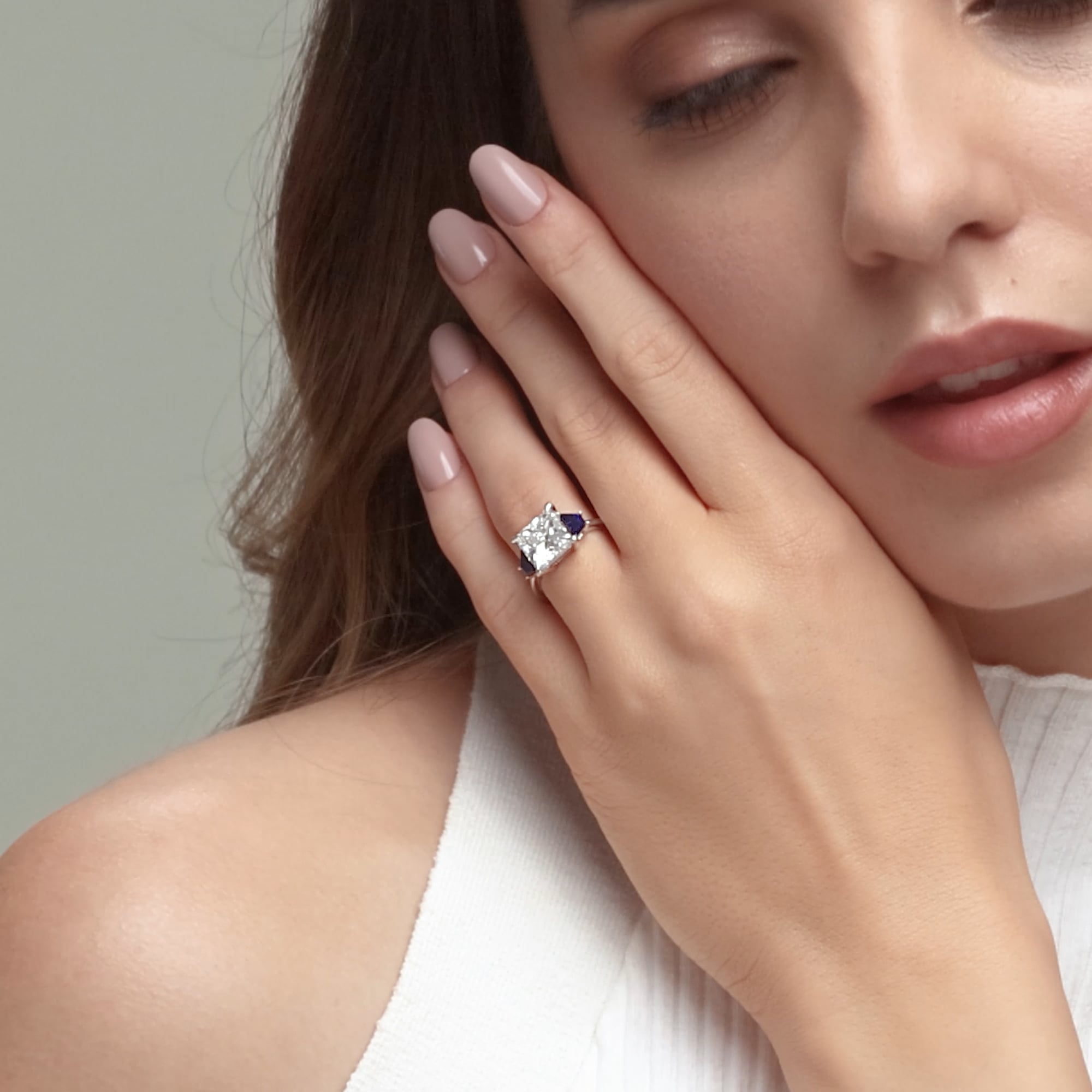 Princess Cut Lab Diamond & Blue Sapphire Three Stone Ring