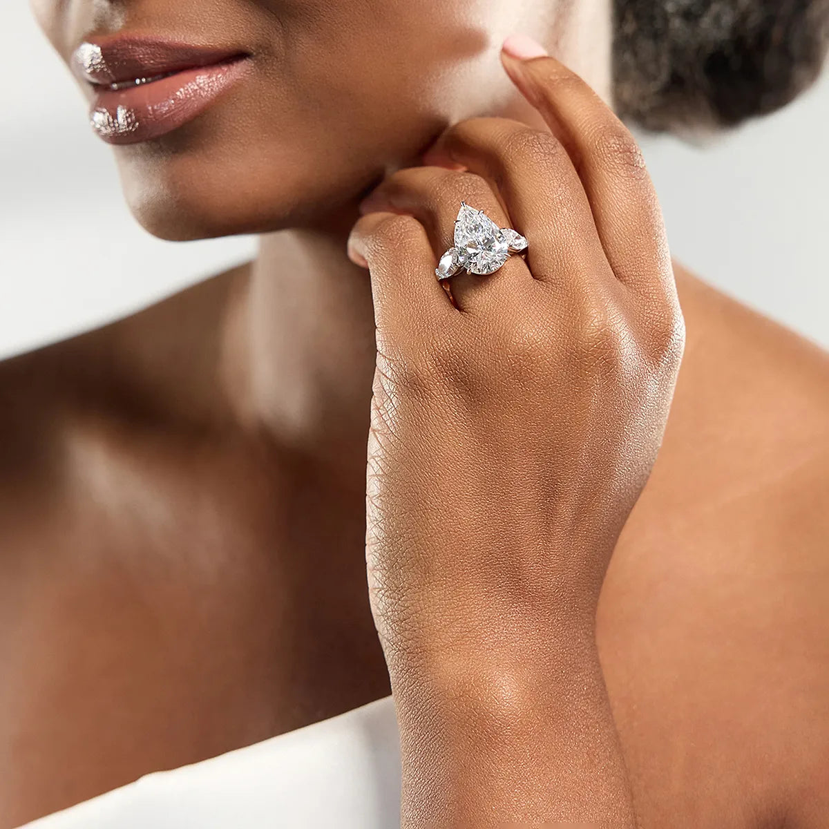 Pear Shape Lab Diamond Three Stone Ring | Half Moon Side Stones