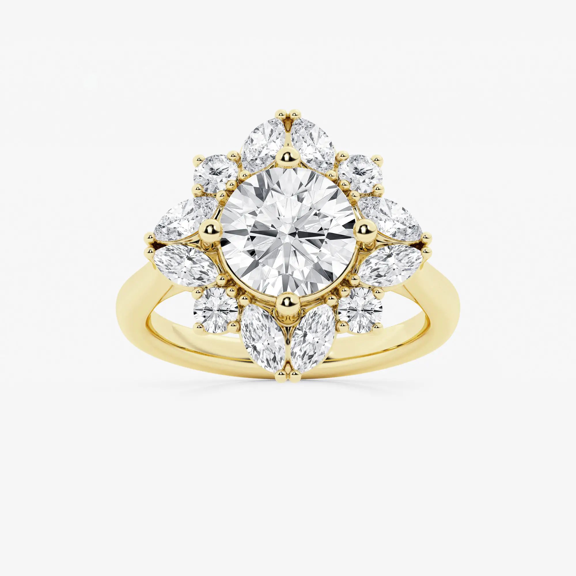 Round Cut Lab Grown Diamond Floral Burst Halo Engagement Ring