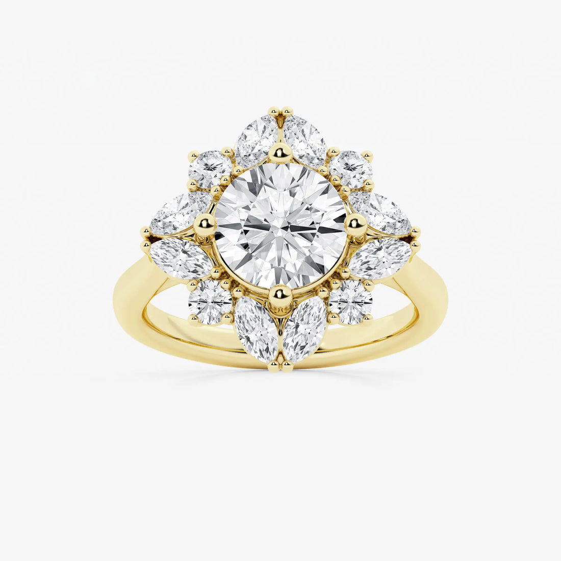 Round Cut Lab Grown Diamond Floral Burst Halo Engagement Ring