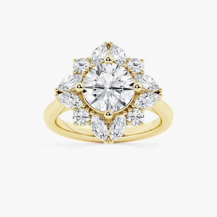 Round Cut Lab Grown Diamond Floral Burst Halo Engagement Ring