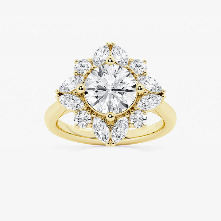 Round Cut Lab Grown Diamond Floral Burst Halo Engagement Ring