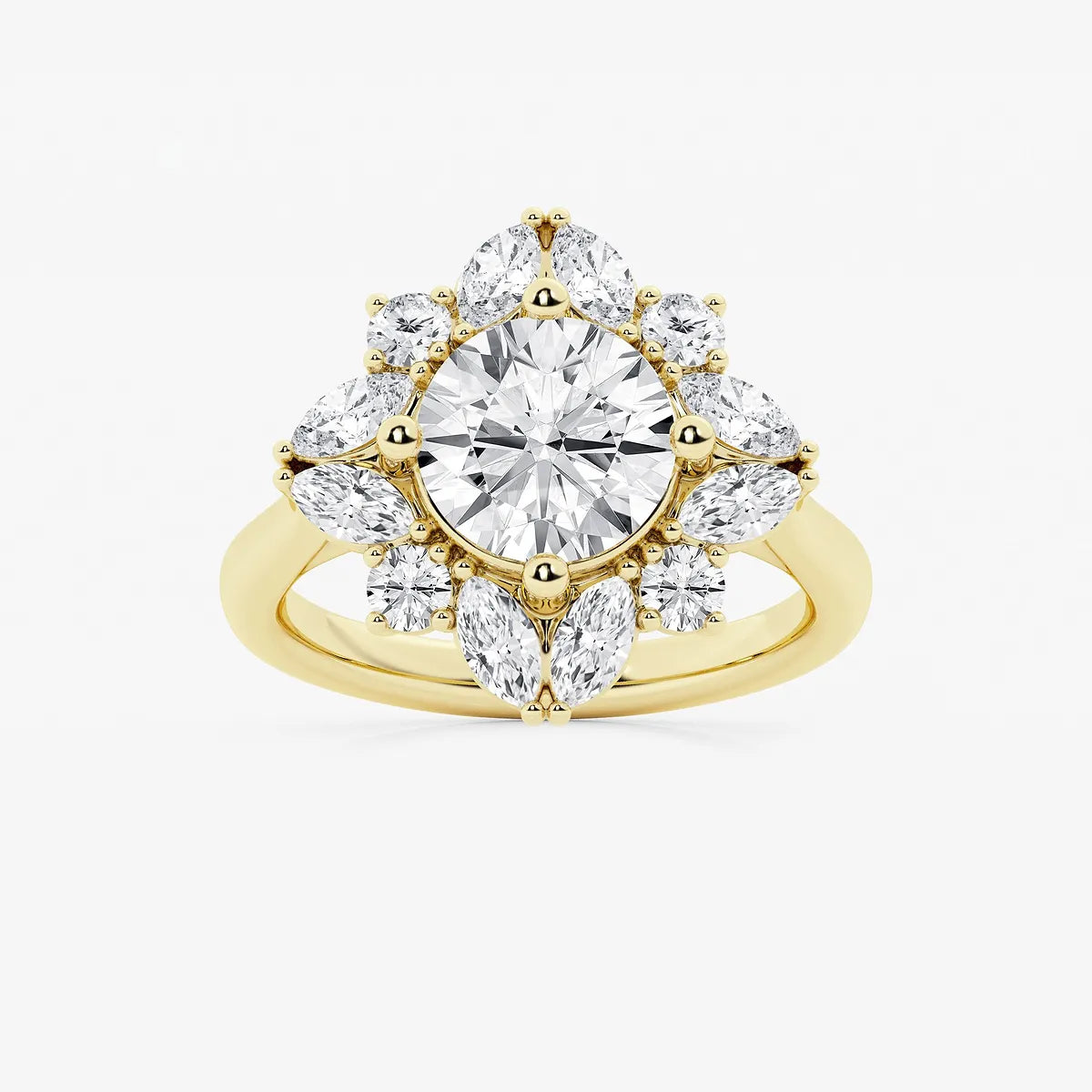 Round Cut Lab Grown Diamond Floral Burst Halo Engagement Ring