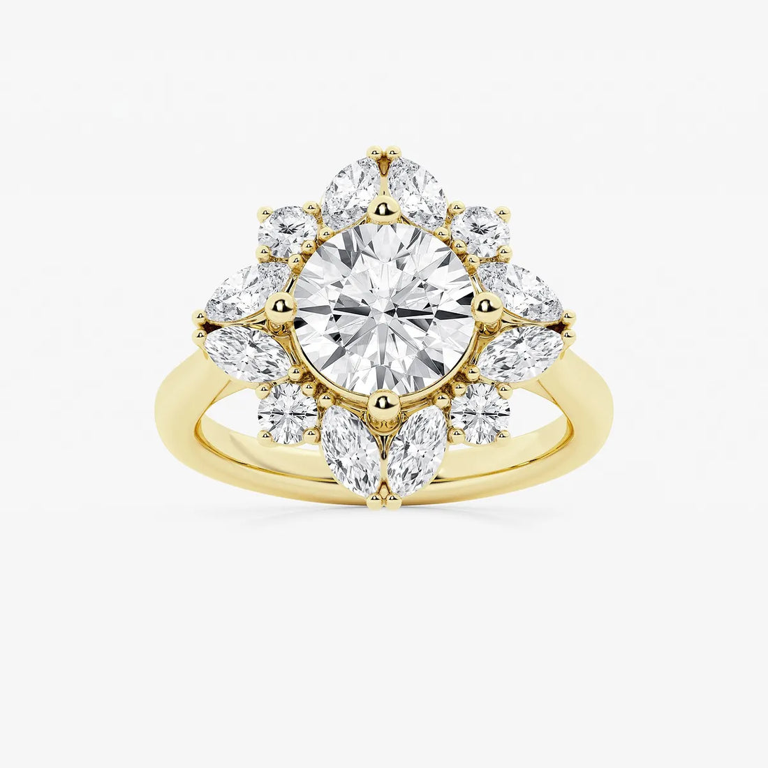 Round Cut Lab Grown Diamond Floral Burst Halo Engagement Ring