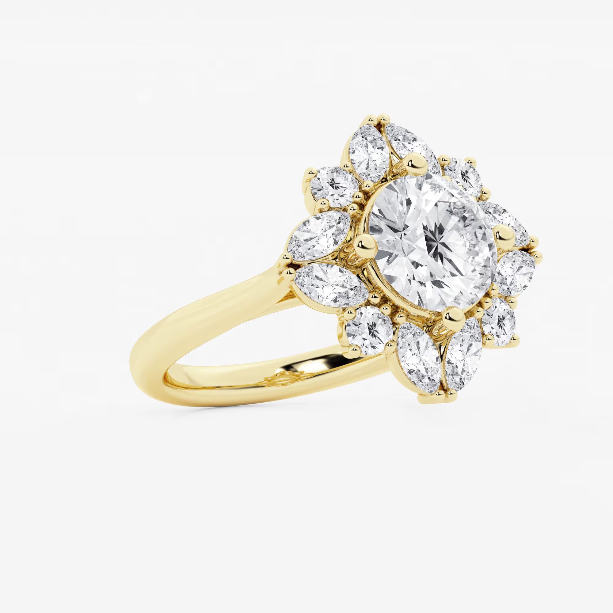 Round Cut Lab Grown Diamond Floral Burst Halo Engagement Ring