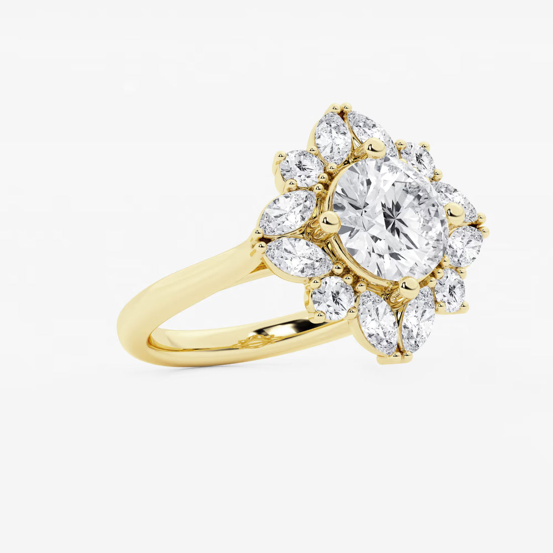 Round Cut Lab Grown Diamond Floral Burst Halo Engagement Ring