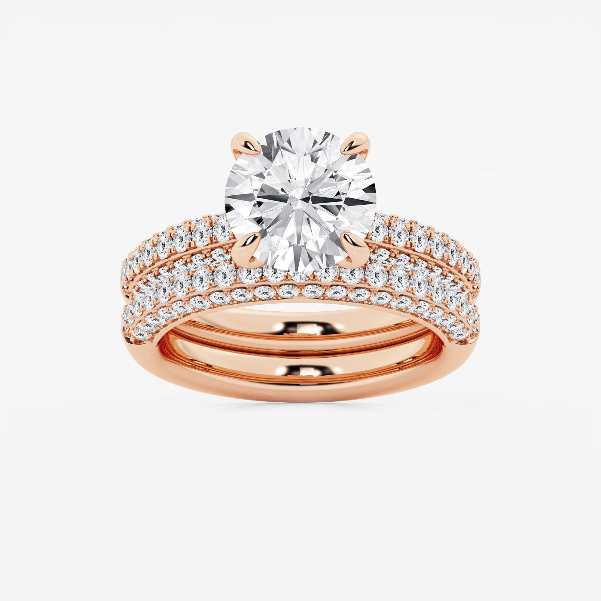 Round Cut Lab Grown Diamond Bridal Set | Triple Row Pavé Solitaire Engagement Ring with Plain Polished Wedding Band