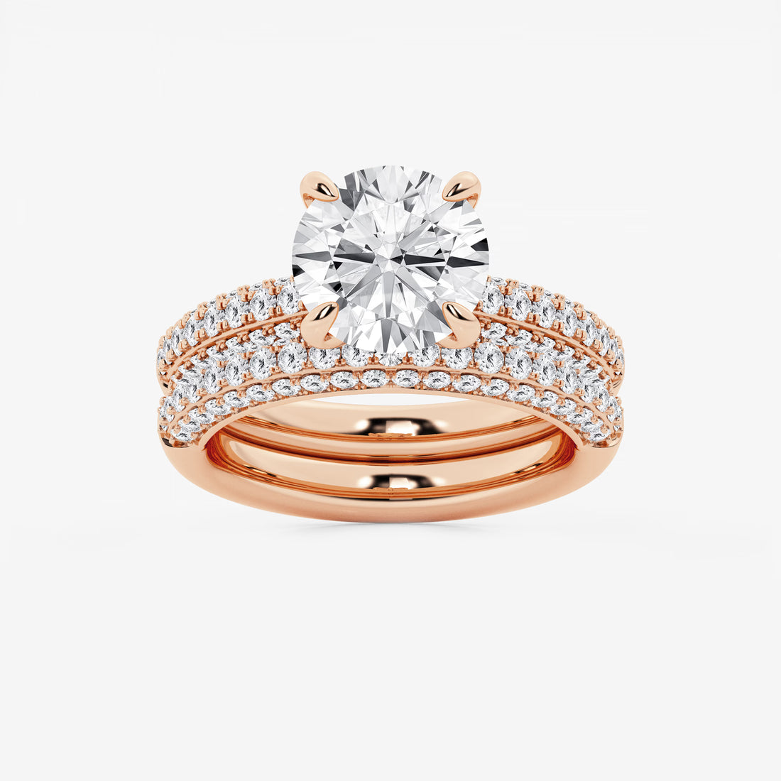 Round Cut Lab Grown Diamond Bridal Set | Triple Row Pavé Solitaire Engagement Ring with Plain Polished Wedding Band
