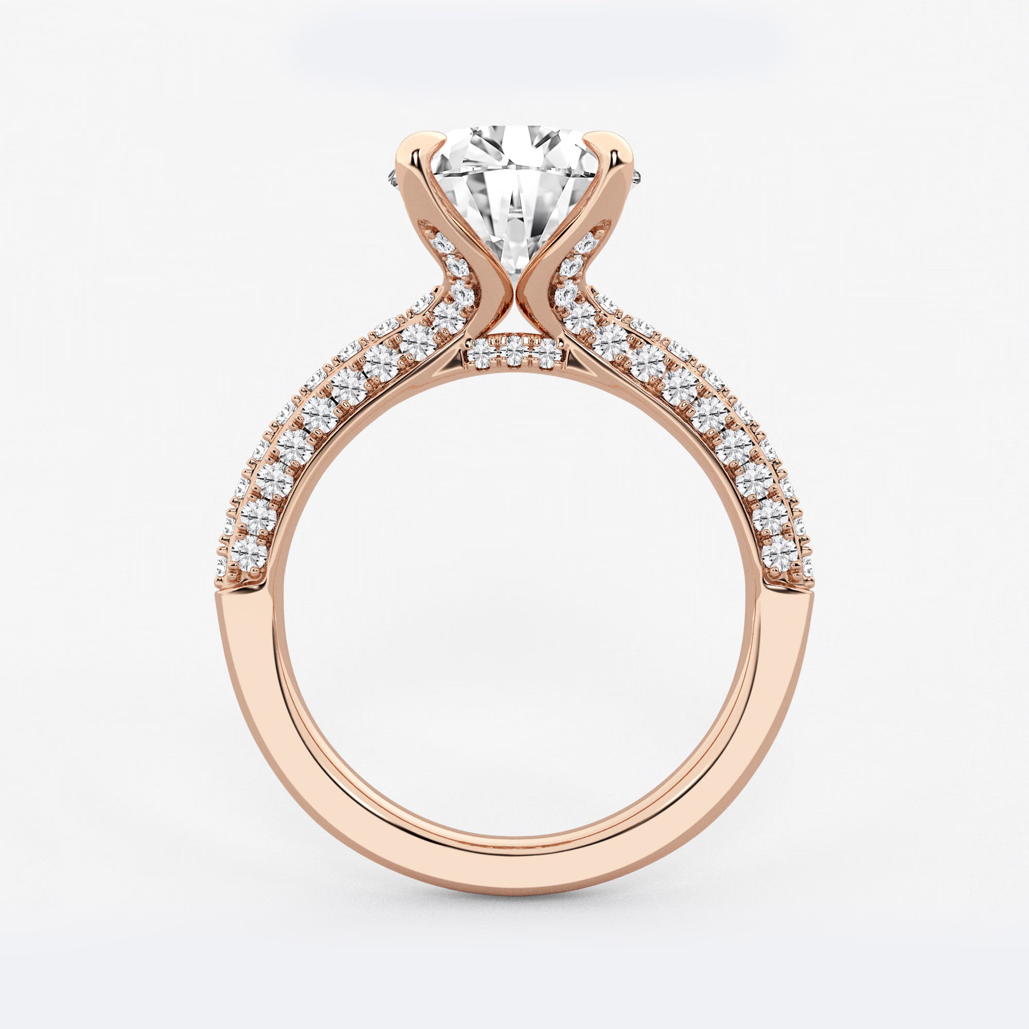 Round Cut Lab Grown Diamond Bridal Set | Triple Row Pavé Solitaire Engagement Ring with Plain Polished Wedding Band