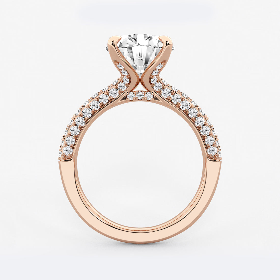 Round Cut Lab Grown Diamond Bridal Set | Triple Row Pavé Solitaire Engagement Ring with Plain Polished Wedding Band
