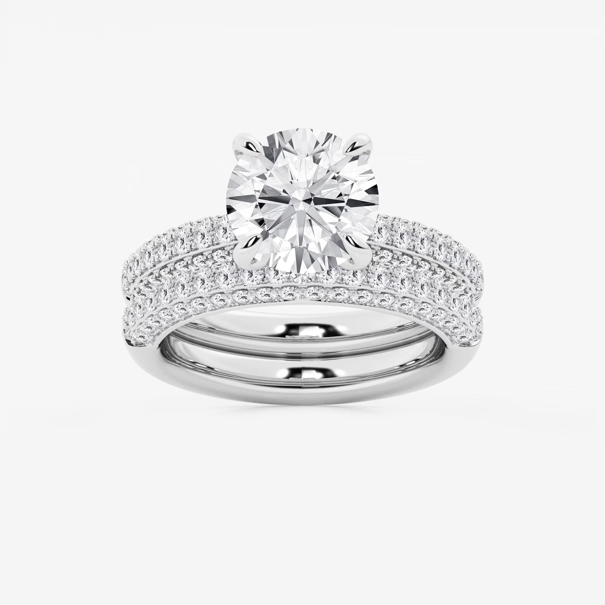 Round Cut Lab Grown Diamond Bridal Set | Triple Row Pavé Solitaire Engagement Ring with Plain Polished Wedding Band
