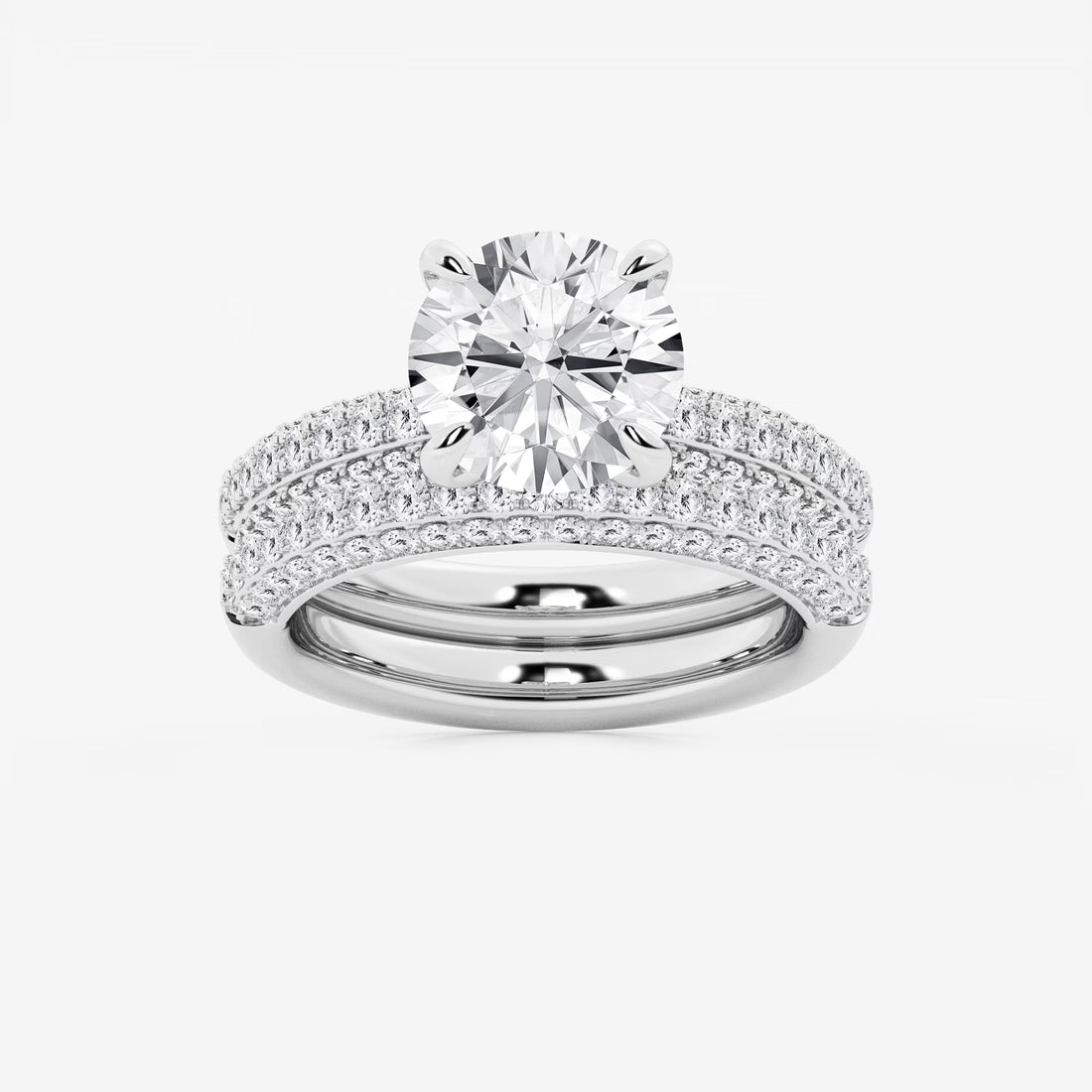 Round Cut Lab Grown Diamond Bridal Set | Triple Row Pavé Solitaire Engagement Ring with Plain Polished Wedding Band