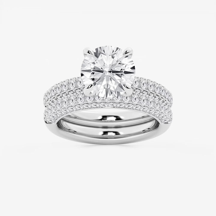 Round Cut Lab Grown Diamond Bridal Set | Triple Row Pavé Solitaire Engagement Ring with Plain Polished Wedding Band