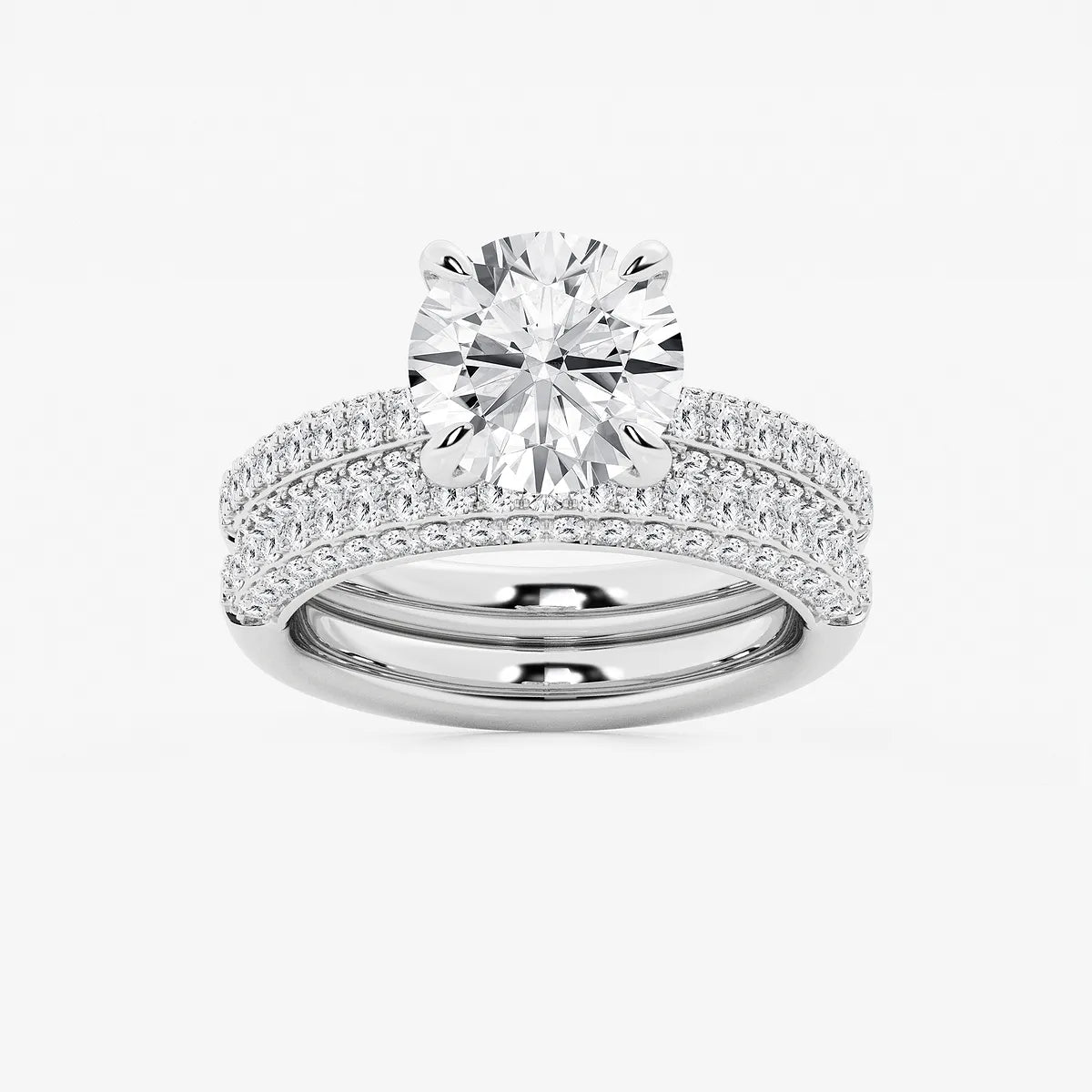 Round Cut Lab Grown Diamond Bridal Set | Triple Row Pavé Solitaire Engagement Ring with Plain Polished Wedding Band