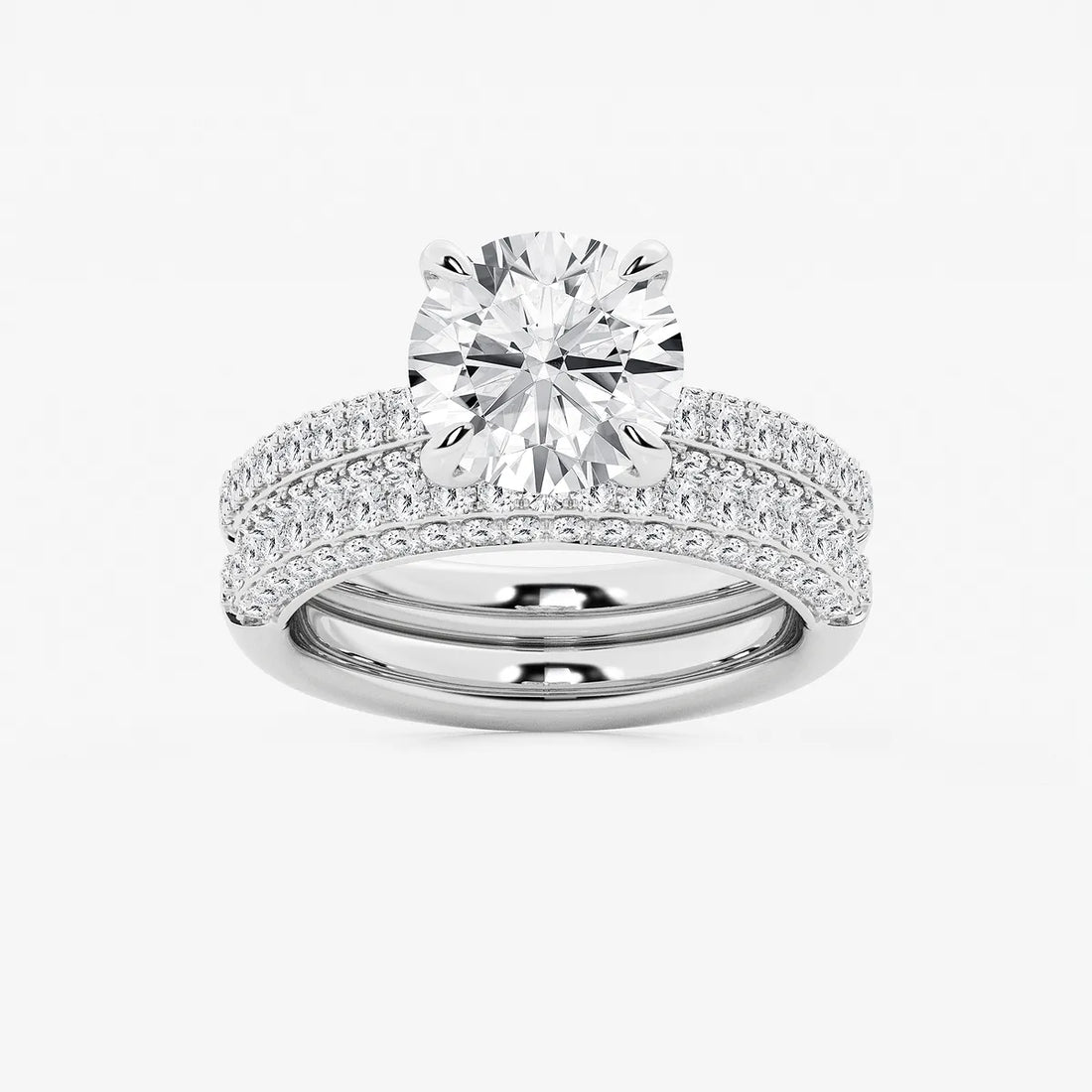 Round Cut Lab Grown Diamond Bridal Set | Triple Row Pavé Solitaire Engagement Ring with Plain Polished Wedding Band