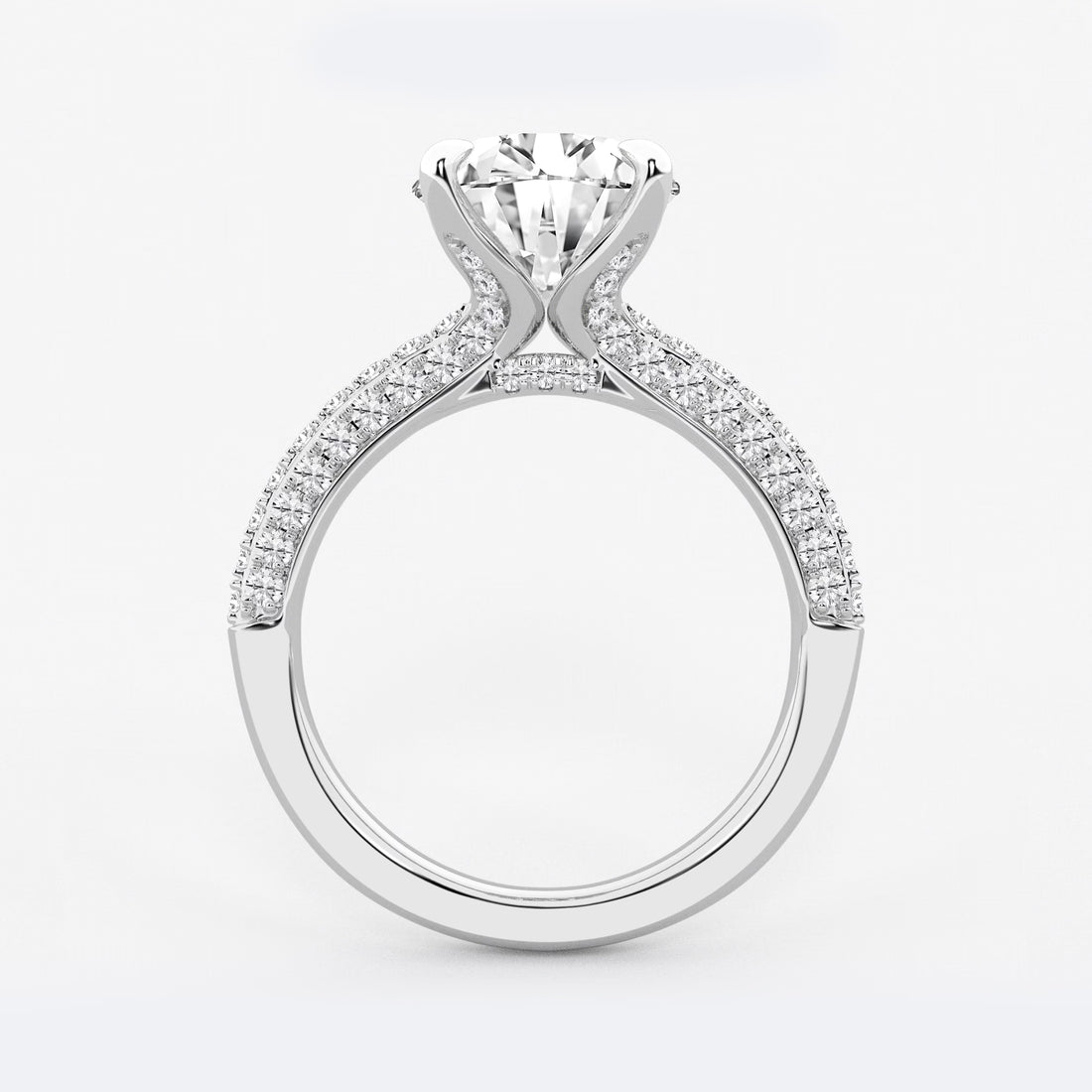 Round Cut Lab Grown Diamond Bridal Set | Triple Row Pavé Solitaire Engagement Ring with Plain Polished Wedding Band