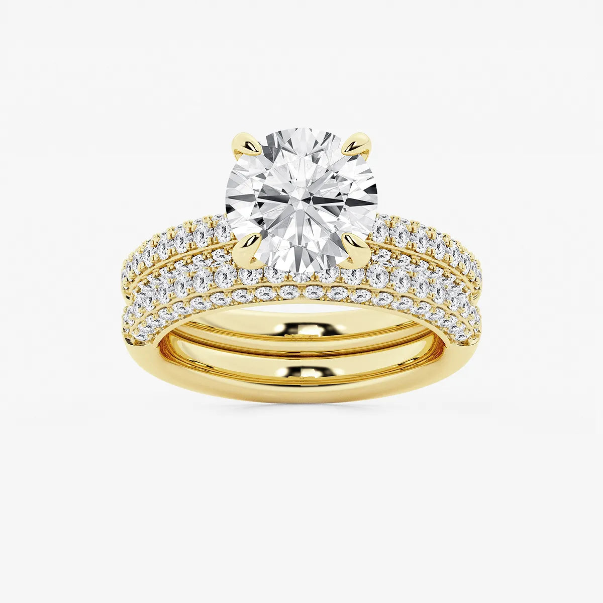 Round Cut Lab Grown Diamond Bridal Set | Triple Row Pavé Solitaire Engagement Ring with Plain Polished Wedding Band
