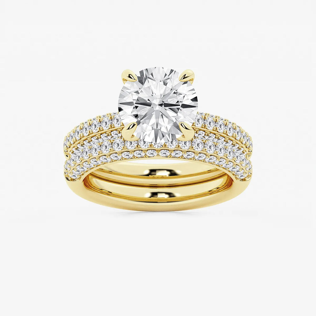 Round Cut Lab Grown Diamond Bridal Set | Triple Row Pavé Solitaire Engagement Ring with Plain Polished Wedding Band