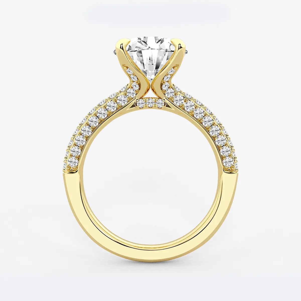Round Cut Lab Grown Diamond Bridal Set | Triple Row Pavé Solitaire Engagement Ring with Plain Polished Wedding Band