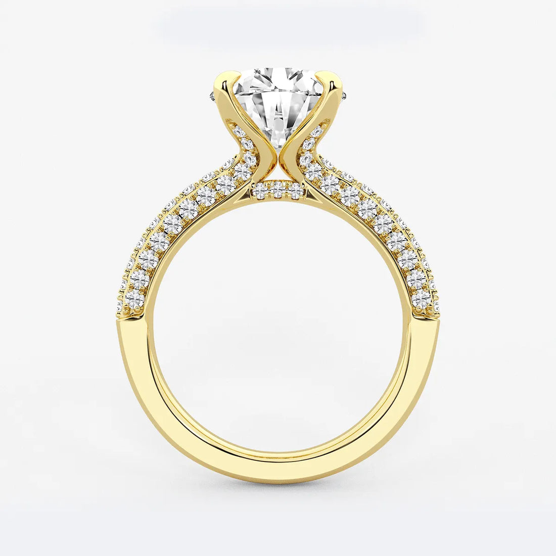 Round Cut Lab Grown Diamond Bridal Set | Triple Row Pavé Solitaire Engagement Ring with Plain Polished Wedding Band