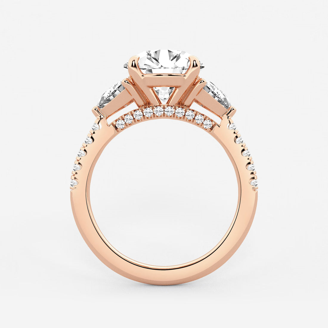Three Stone Pavé Engagement Ring in White Gold with Round Brilliant Center Stone