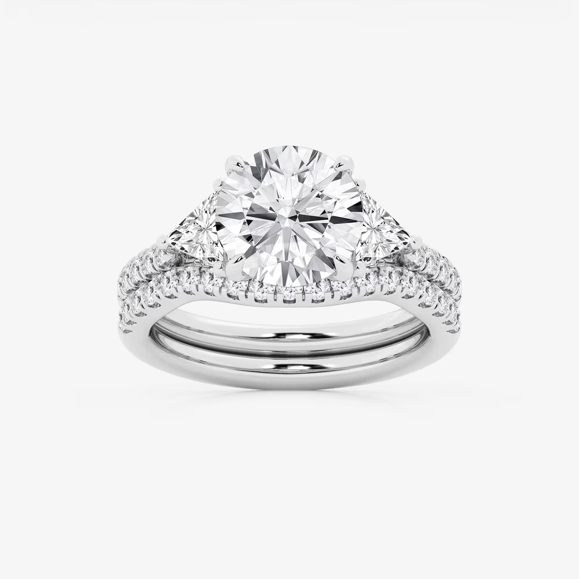 Round Cut Lab Grown Diamond Bridal Set | Trillion Side Stone Engagement Ring with Hidden Halo & Pavé Band