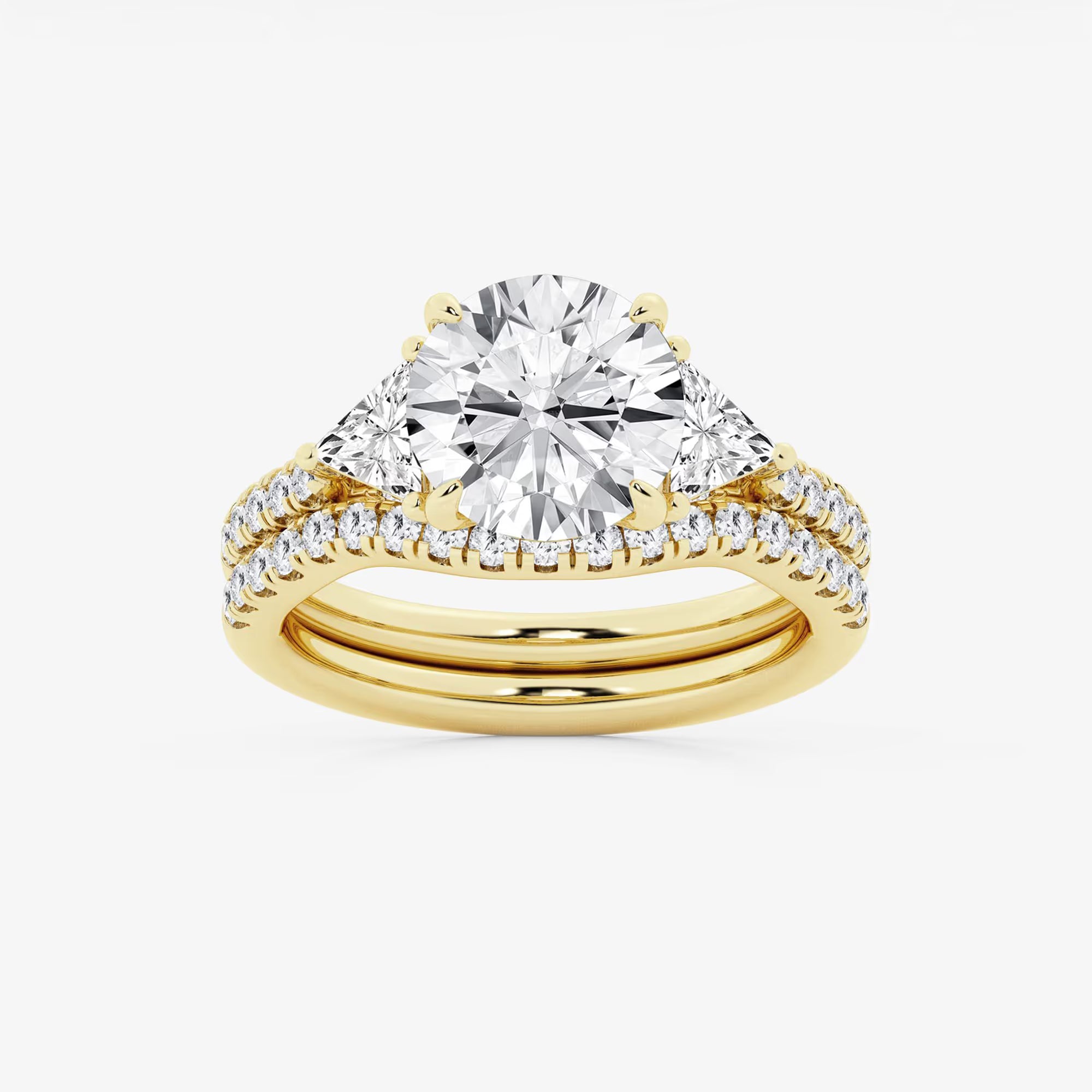 Three Stone Pavé Engagement Ring in White Gold with Round Brilliant Center Stone