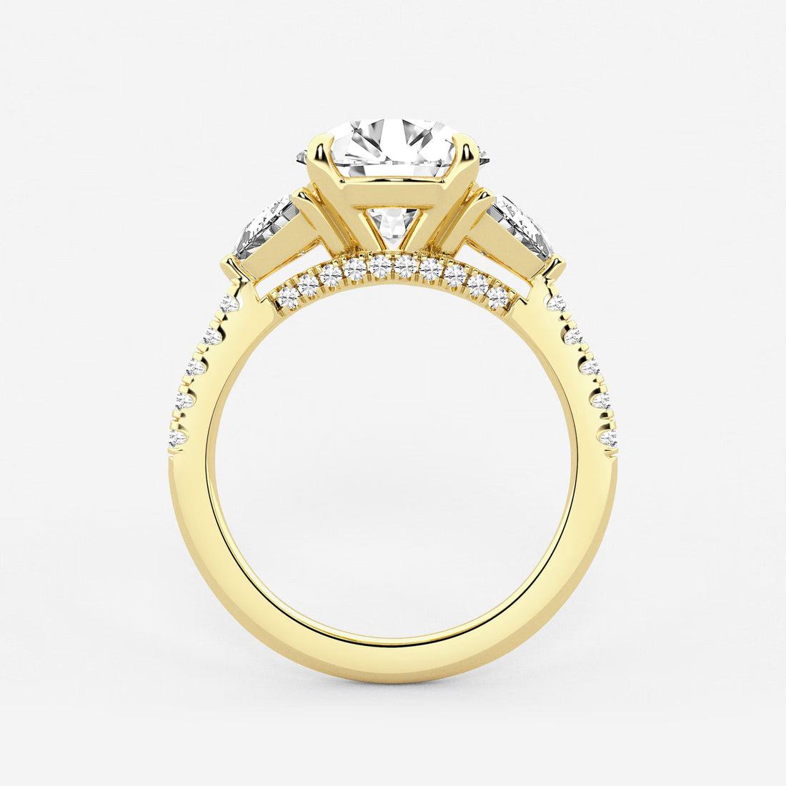 Three Stone Pavé Engagement Ring in White Gold with Round Brilliant Center Stone