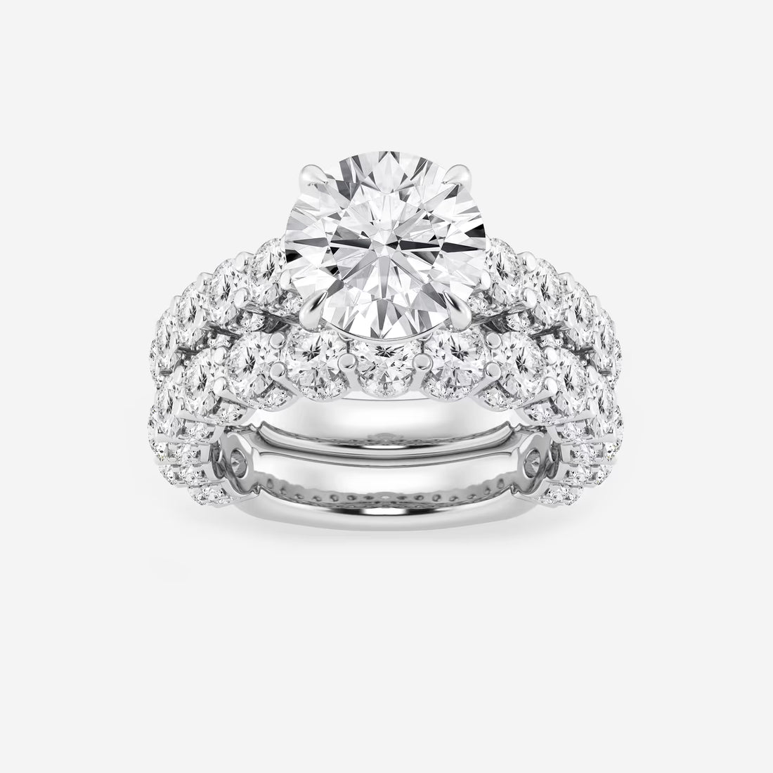 Multi-Row Pavé Bridal Set in White Gold with Round Brilliant Center Stone