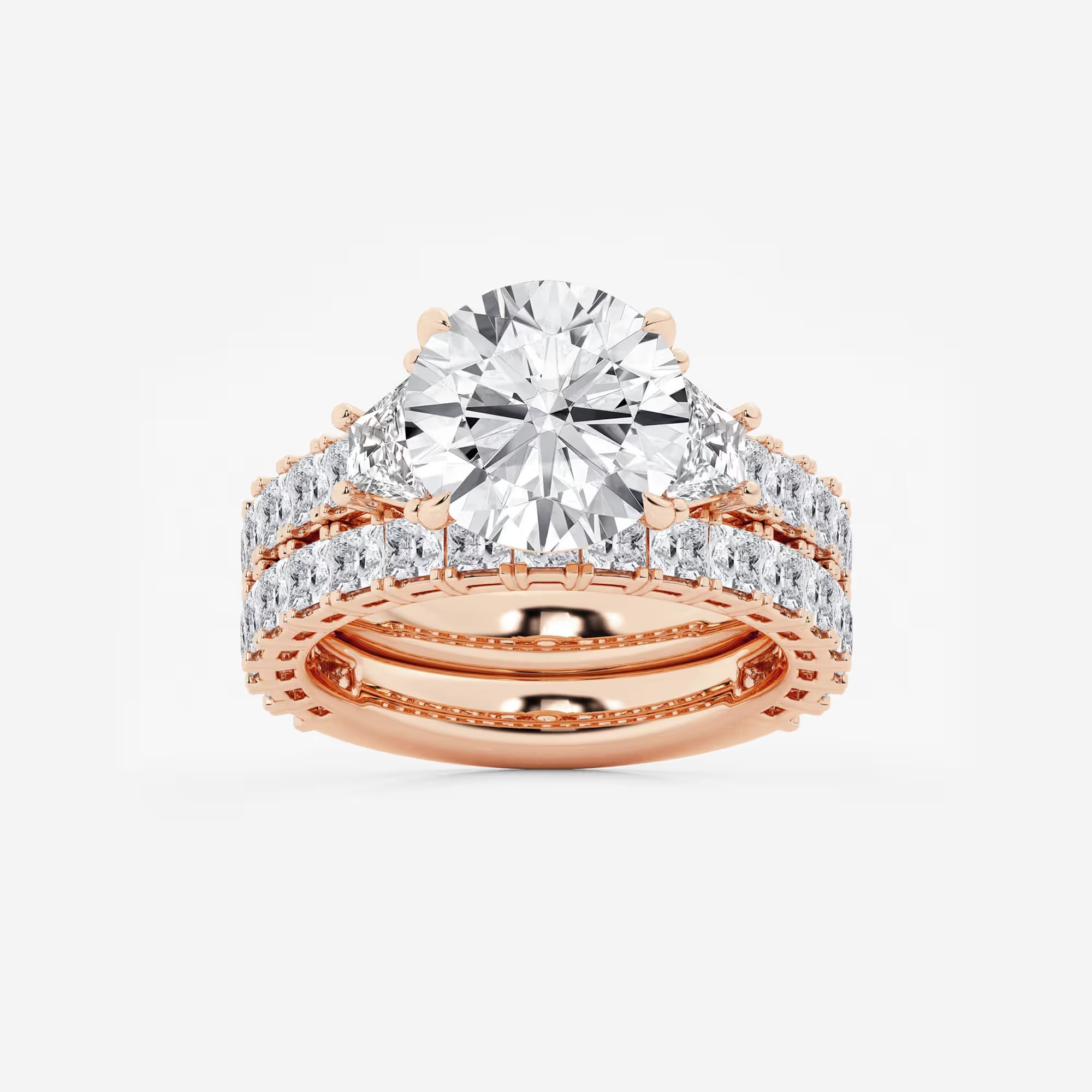 Three Stone Bridal Set in White Gold with Round Brilliant Center Stone and Trillion Side Stones