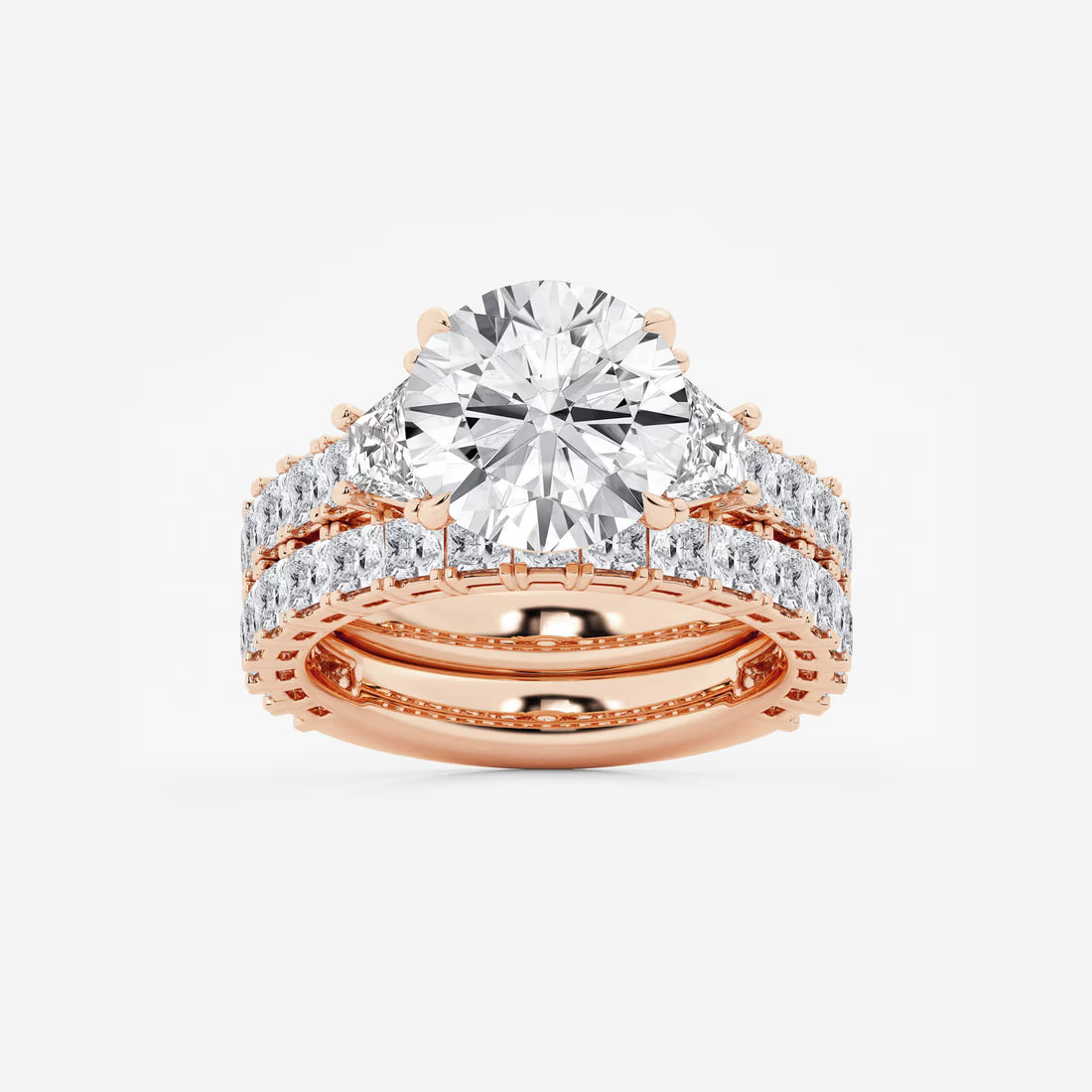 Three Stone Bridal Set in White Gold with Round Brilliant Center Stone and Trillion Side Stones