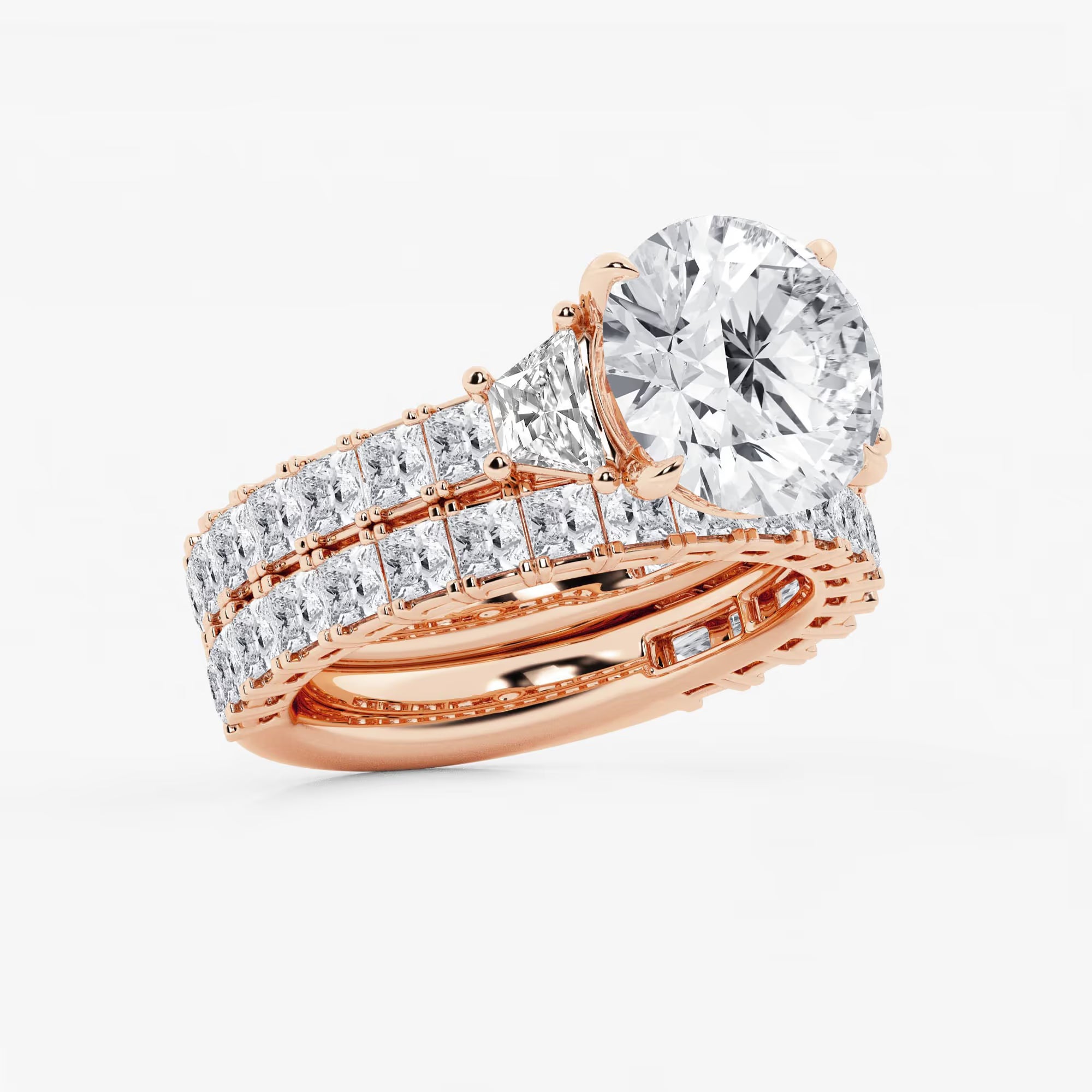 Three Stone Bridal Set in White Gold with Round Brilliant Center Stone and Trillion Side Stones