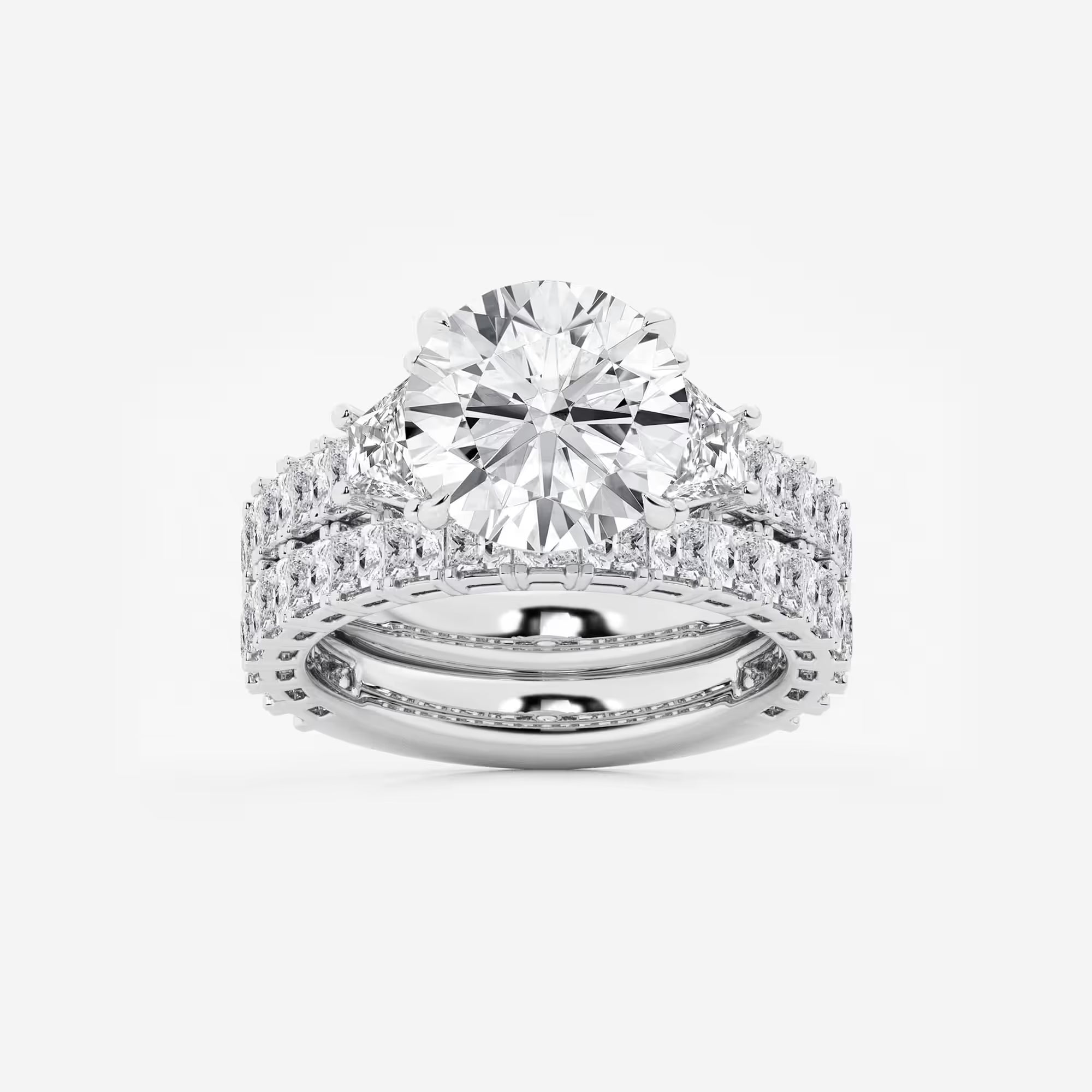 Three Stone Bridal Set in White Gold with Round Brilliant Center Stone and Trillion Side Stones