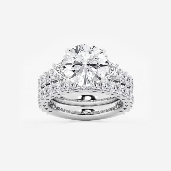 Three Stone Bridal Set in White Gold with Round Brilliant Center Stone and Trillion Side Stones