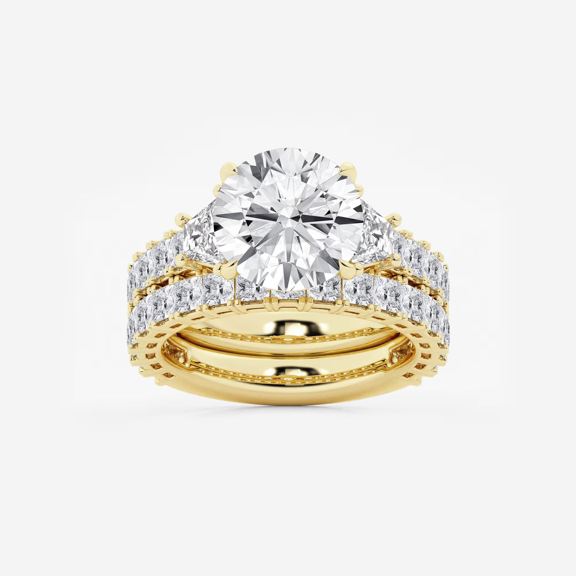 Three Stone Bridal Set in White Gold with Round Brilliant Center Stone and Trillion Side Stones