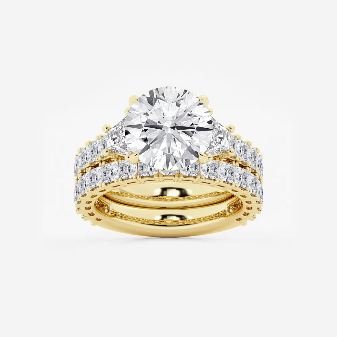 Three Stone Bridal Set in White Gold with Round Brilliant Center Stone and Trillion Side Stones