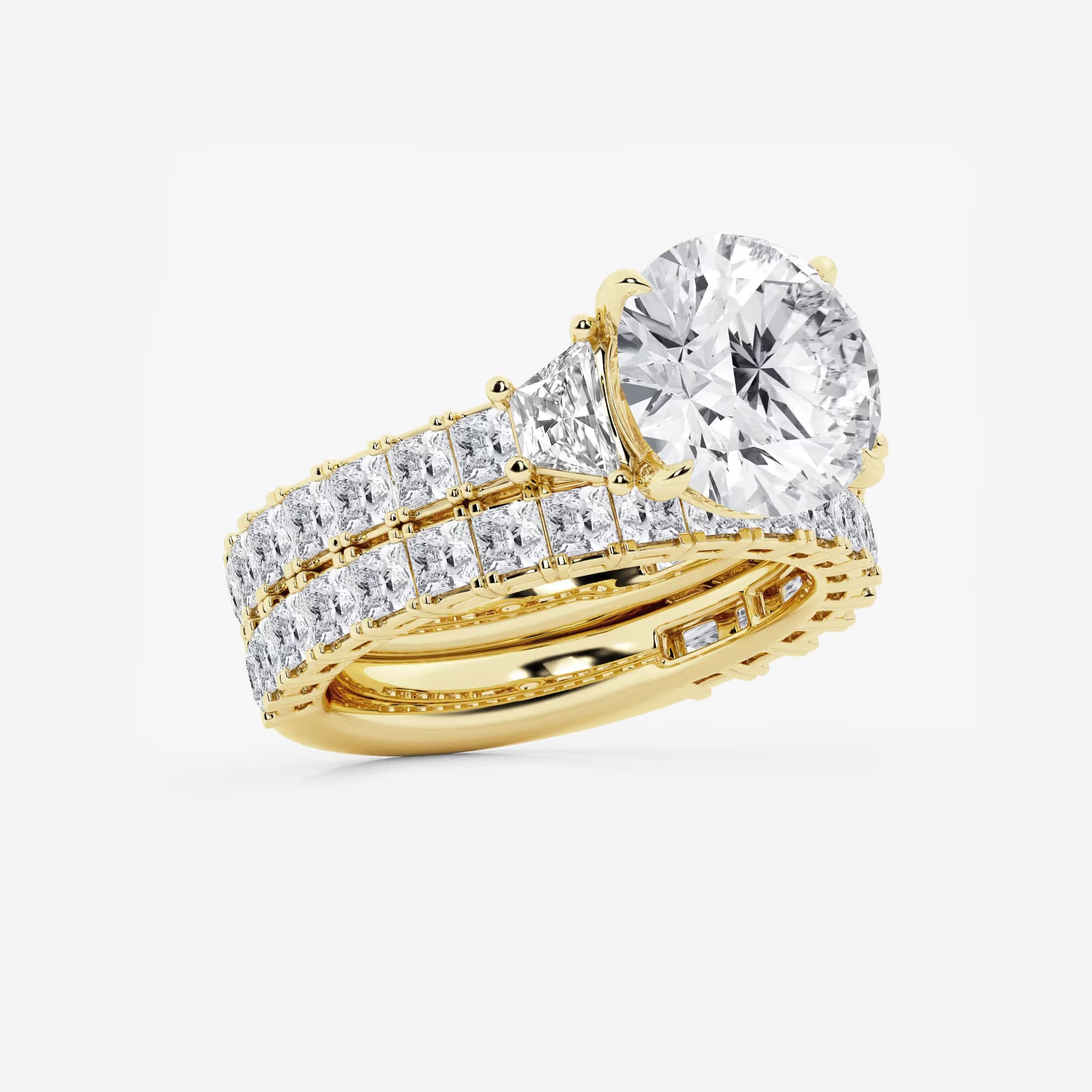 Three Stone Bridal Set in White Gold with Round Brilliant Center Stone and Trillion Side Stones