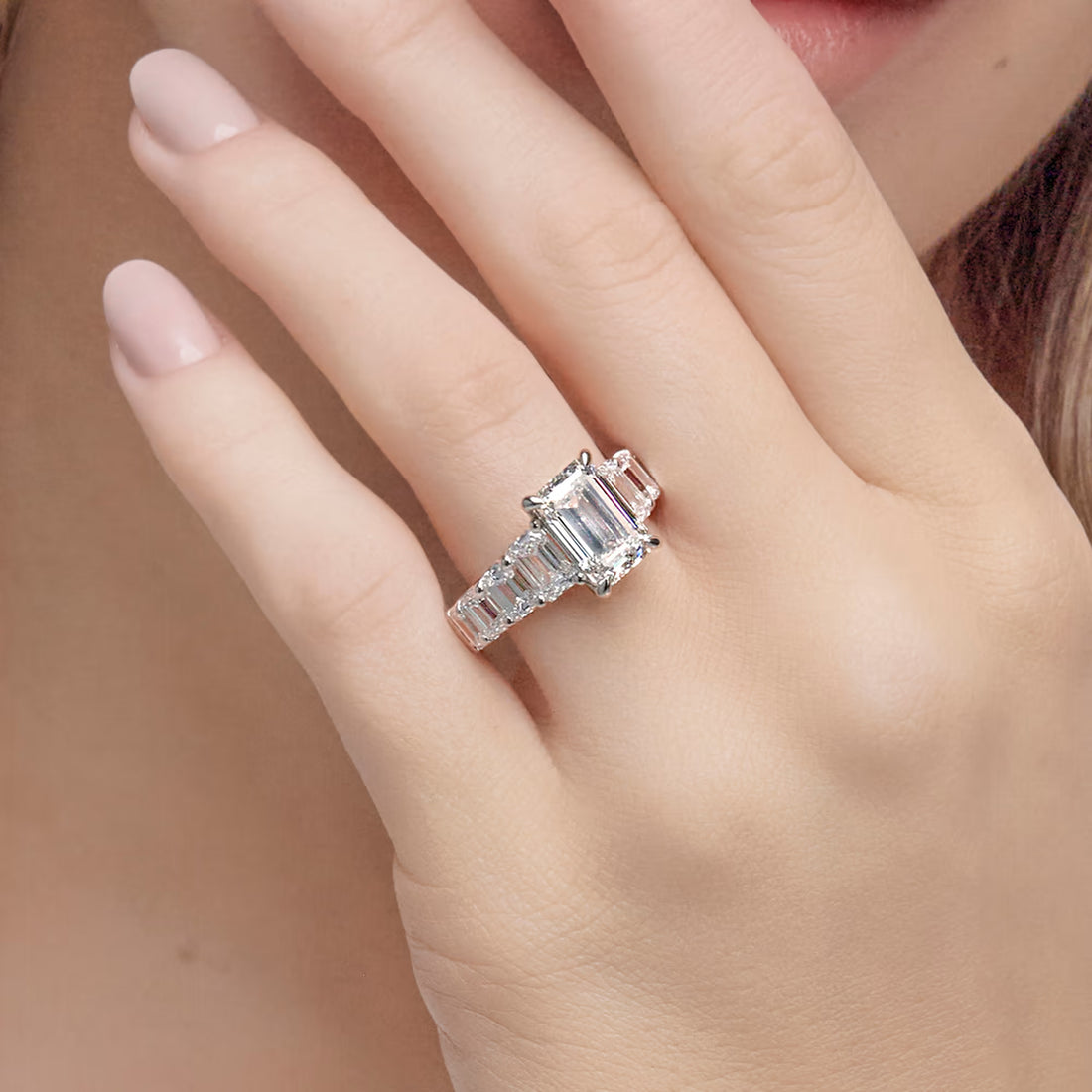Emerald Cut Lab Diamond Engagement Ring  Graduated Emerald Cut Side Stones