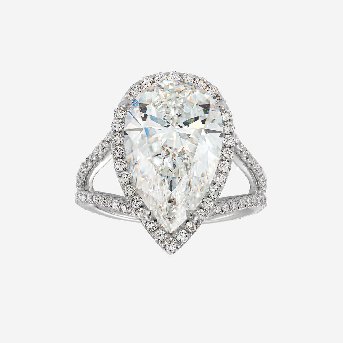 Pear Shaped Diamond Halo Engagement Ring in White Gold, Pave Side Stones