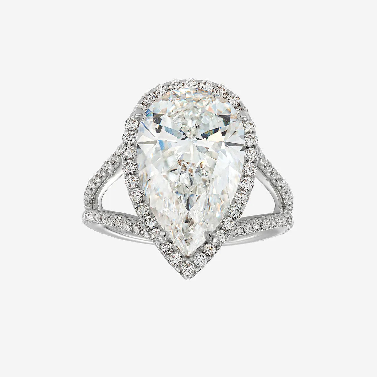 Pear Shaped Diamond Halo Engagement Ring in White Gold, Pave Side Stones