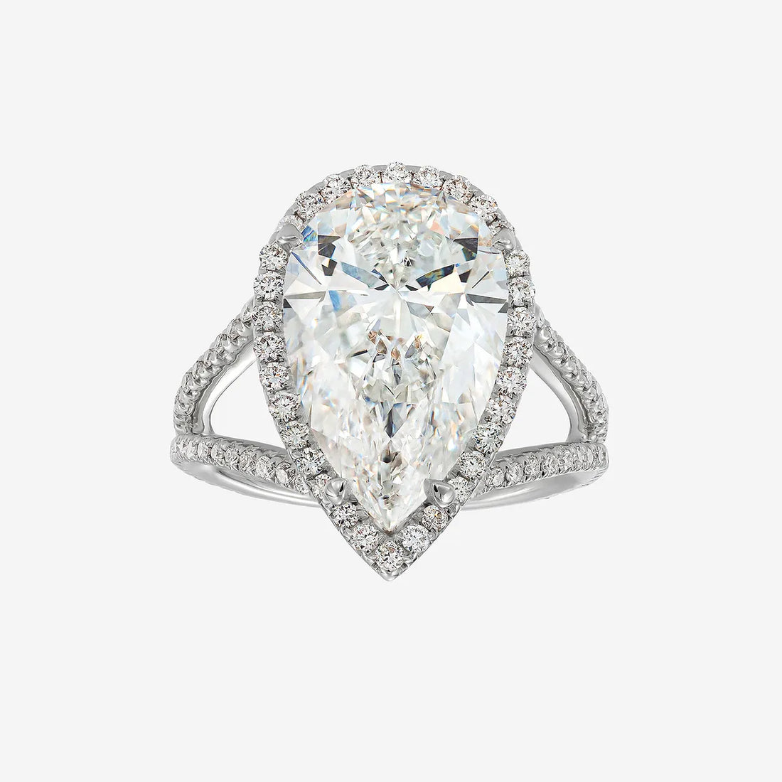 Pear Shaped Diamond Halo Engagement Ring in White Gold, Pave Side Stones