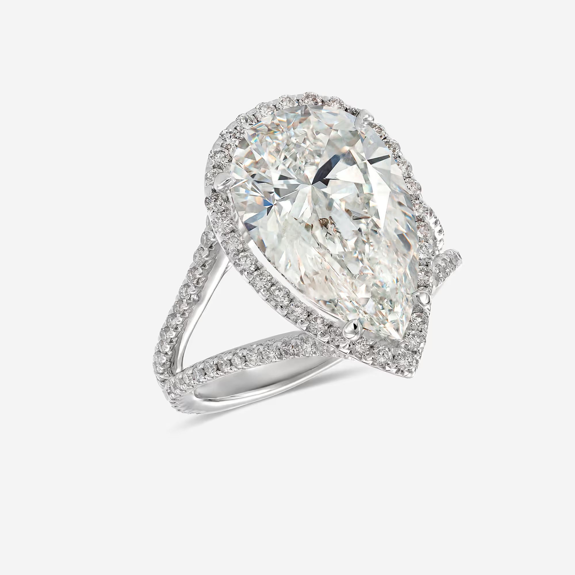 Pear Shaped Diamond Halo Engagement Ring in White Gold, Pave Side Stones