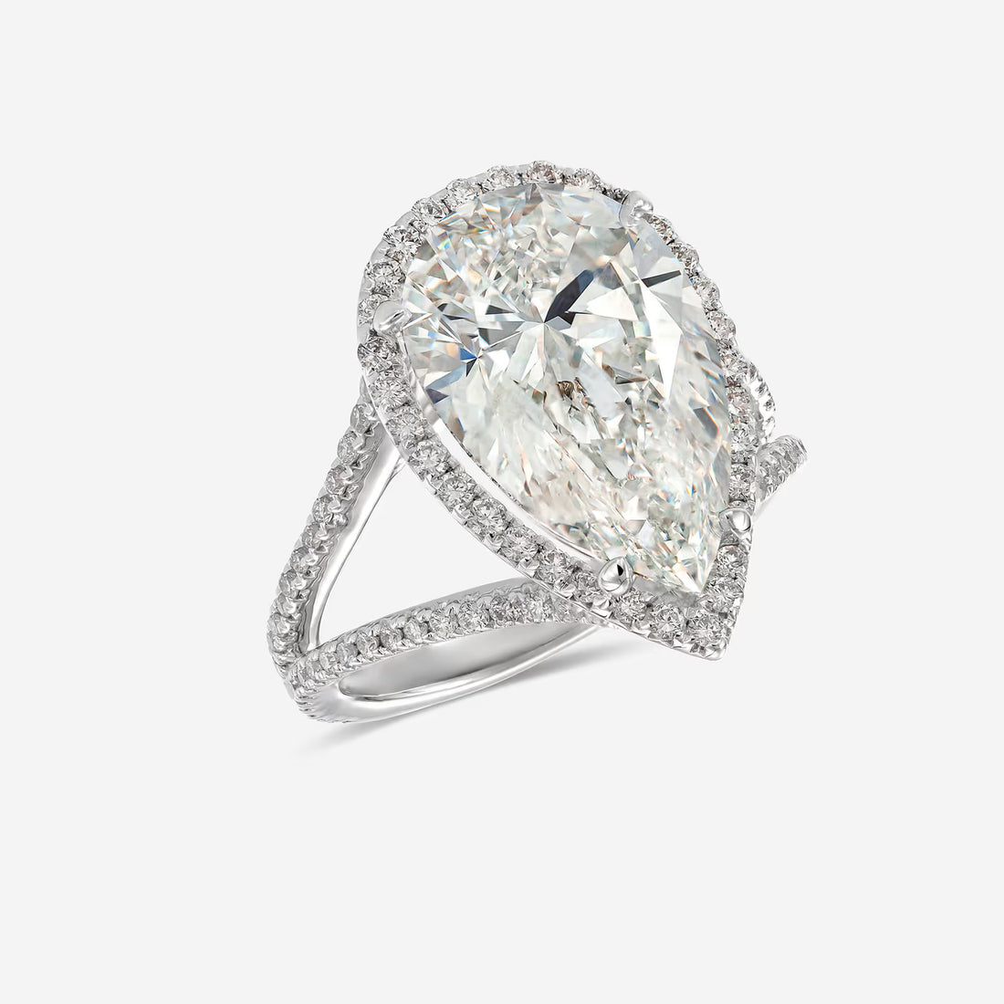 Pear Shaped Diamond Halo Engagement Ring in White Gold, Pave Side Stones