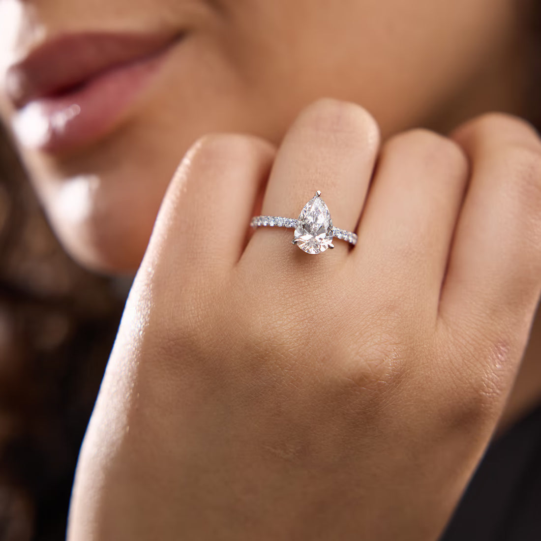 Pear Cut Lab Grown Diamond Engagement Ring  Pave Diamond Band Pear Shape Diamond Ring