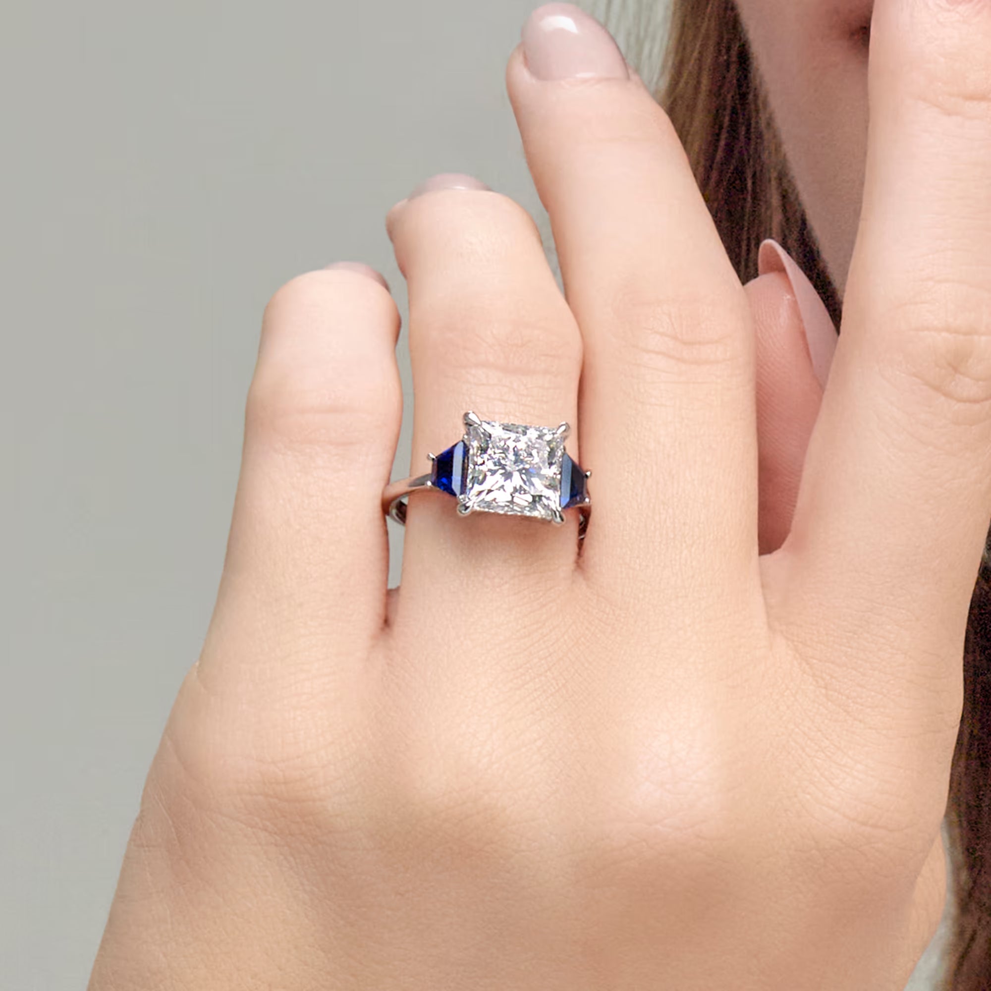Princess Cut Lab Diamond & Blue Sapphire Three Stone Ring