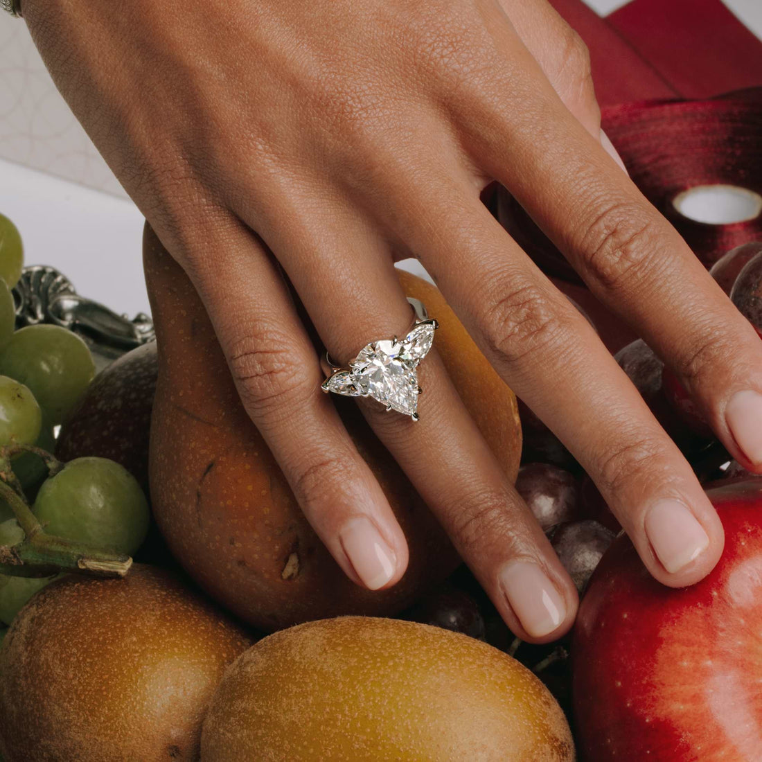 Pear Cut Lab Grown Diamond Engagement Ring, Twisted Pave Diamond Band