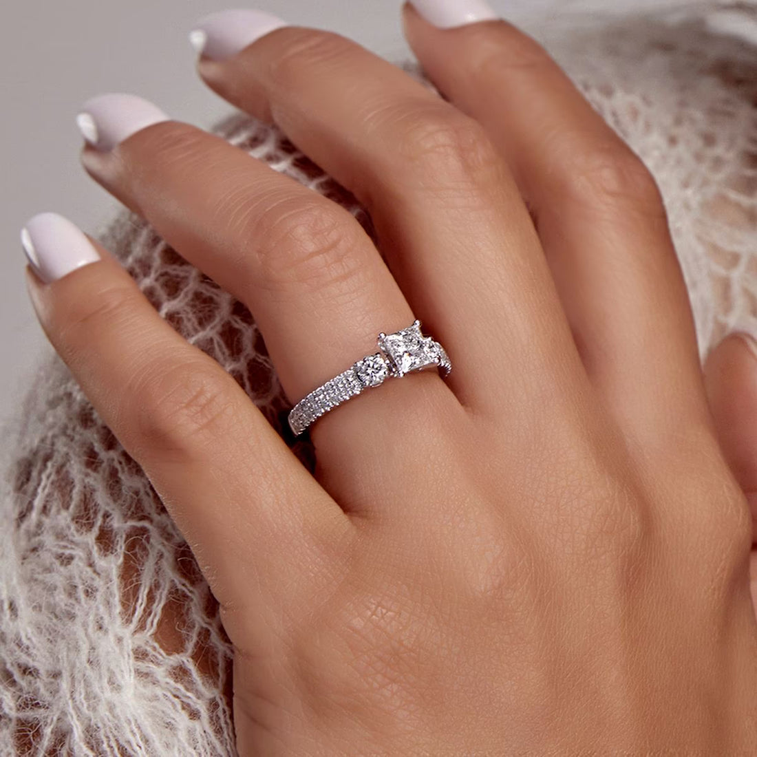Princess Cut Lab Diamond Three Stone Ring  Round Brilliant Side Stones & Multi-Row Pavé Band